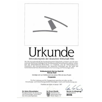 Abbildung der Urkunde Innovationspreis 1986