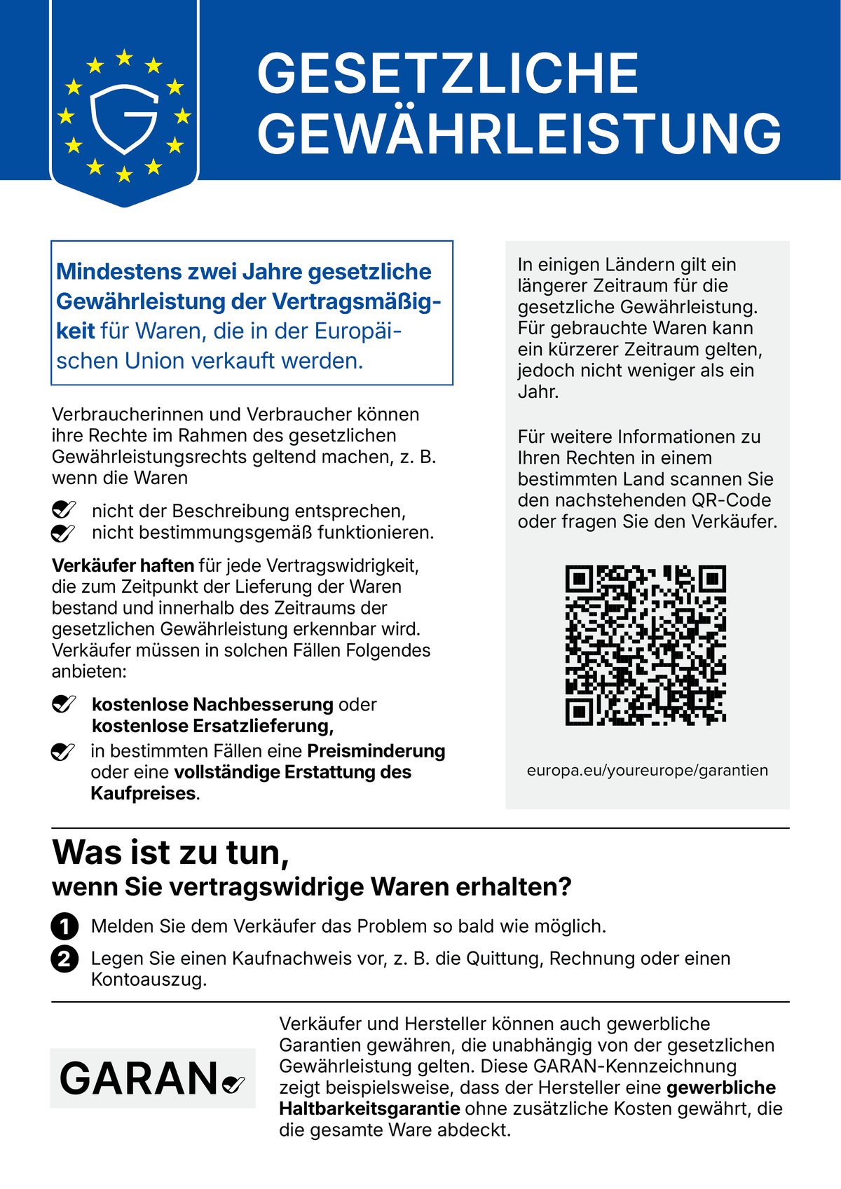 EU-Hinweis zur gesetzlichen Gewährleistung: mindestens zwei Jahre gesetzliche Gewährleistung für Waren, die in der Europäischen Union verkauft werden