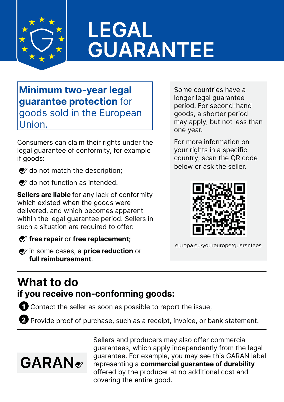 EU legal guarantee notice: at least two years of legal guarantee for goods sold in the European Union